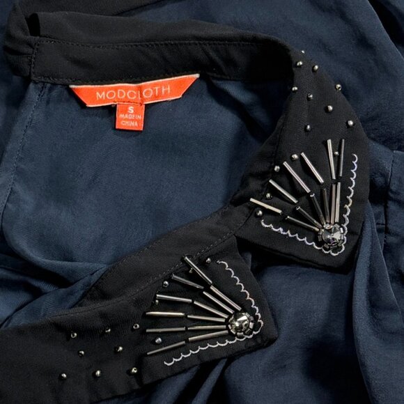 Modcloth Deep Navy Blouse with Beaded Collar Detail - Picture 7 of 9